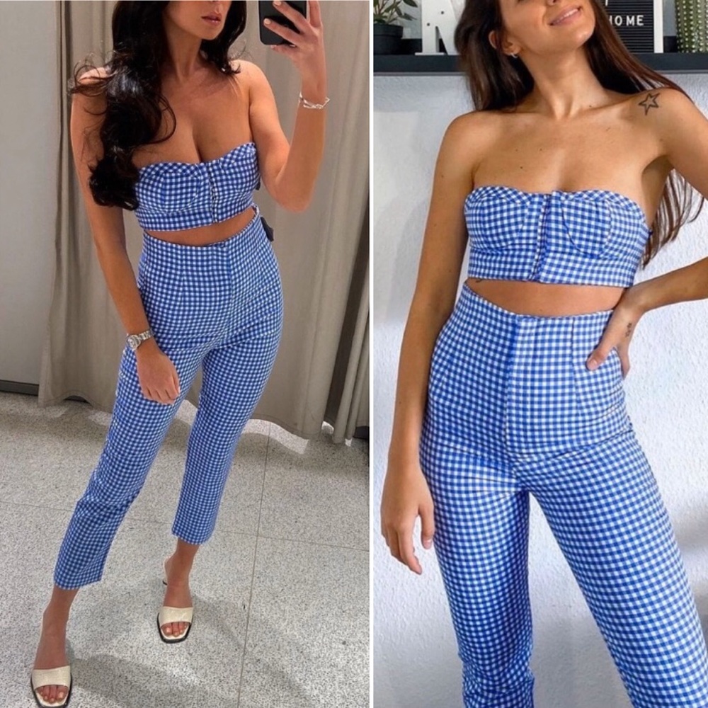 Zara Blue Check Gingham High Waist Front Zip Pants